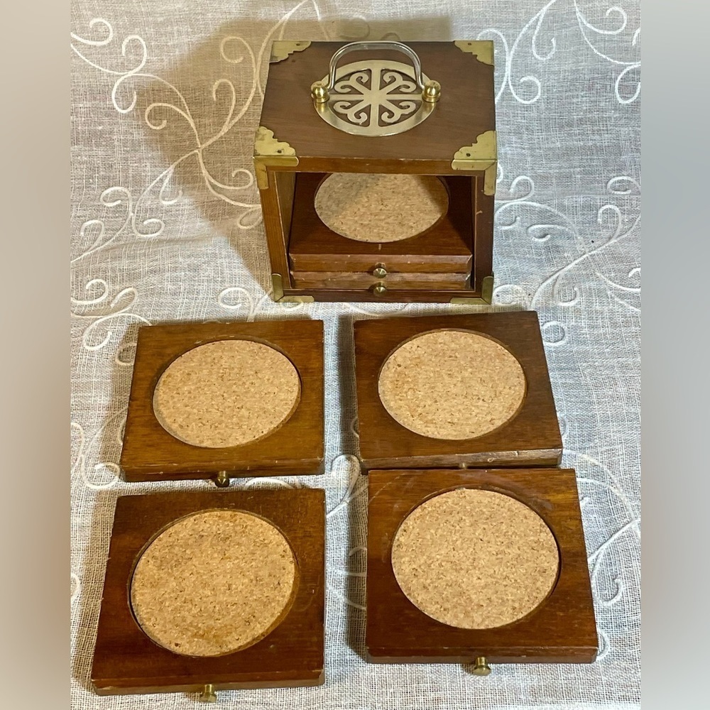 Vintage MCM Japan Wood & Cork Coaster Set if 6 in Storage Box w/ Brass Accents
